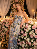 Strapless Sleeveless Colorful Floral Embroidery Mesh Gown D2608