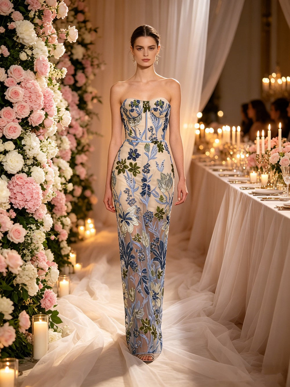 Strapless Sleeveless Colorful Floral Embroidery Mesh Gown D2608