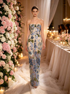 Strapless Sleeveless Colorful Floral Embroidery Mesh Gown D2608