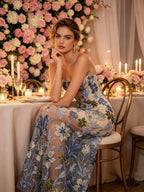 Strapless Sleeveless Colorful Floral Embroidery Mesh Gown D2608