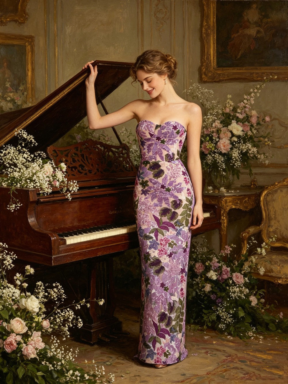 Strapless Sleeveless Colorful Floral Embroidery Mesh Gown D2608