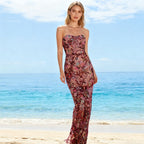 Strapless Sleeveless Colorful Floral Embroidery Mesh Gown D2608