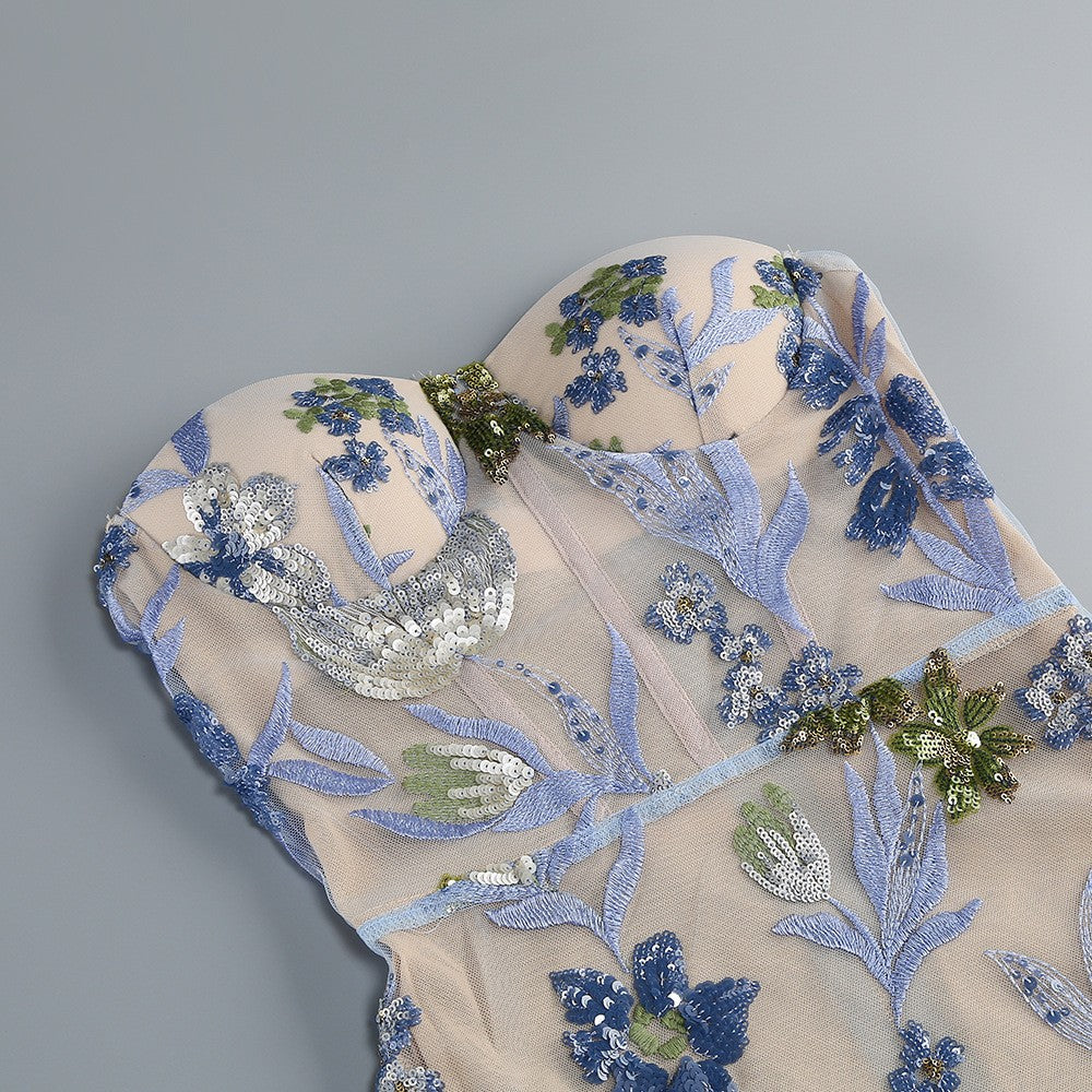 Strapless Sleeveless Colorful Floral Embroidery Mesh Gown D2608