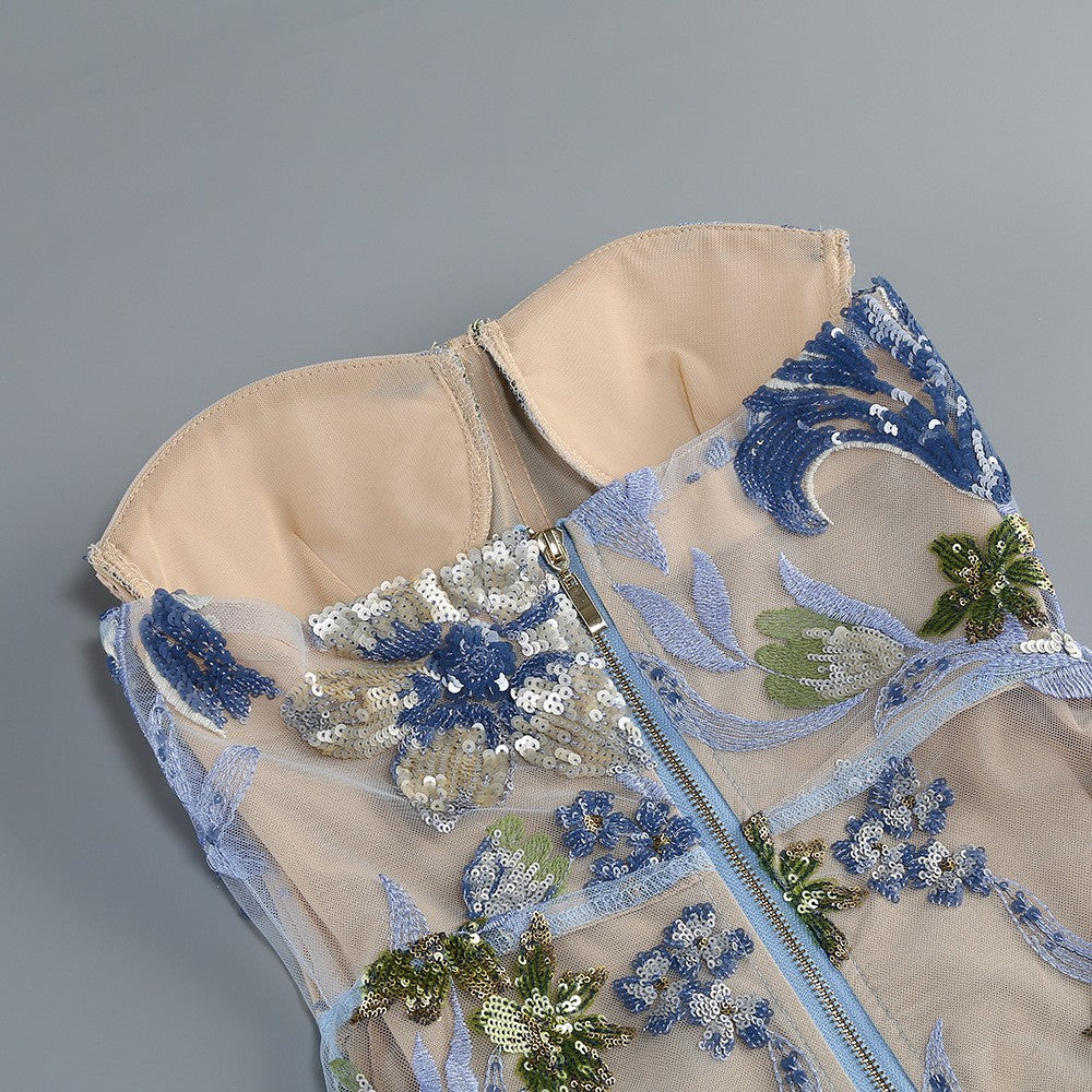 Strapless Sleeveless Colorful Floral Embroidery Mesh Gown D2608