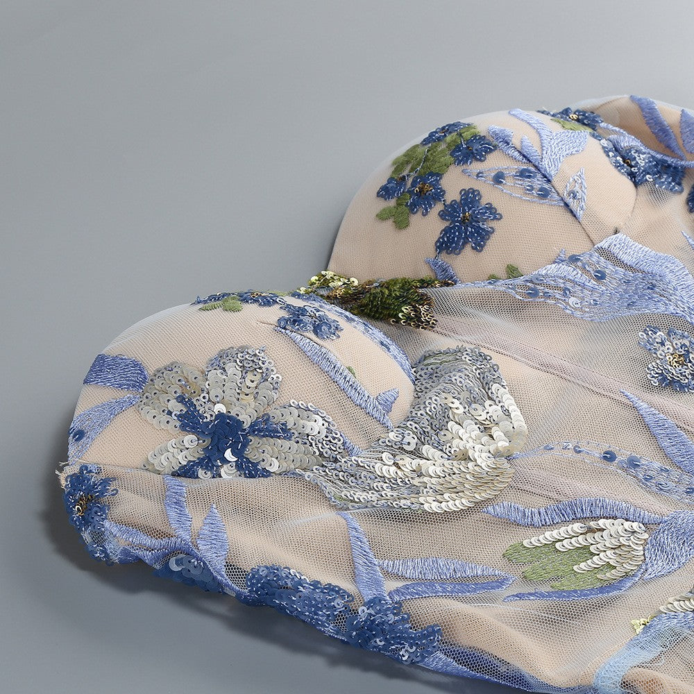 Strapless Sleeveless Colorful Floral Embroidery Mesh Gown D2608