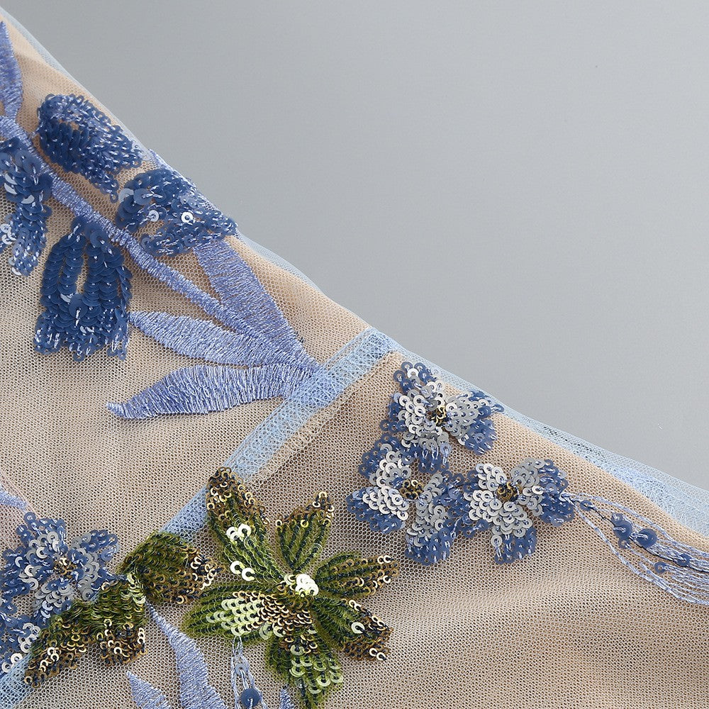 Strapless Sleeveless Colorful Floral Embroidery Mesh Gown D2608