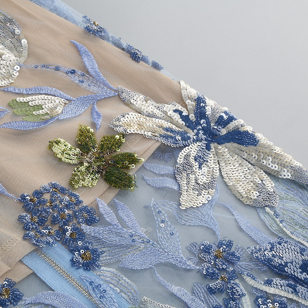 Strapless Sleeveless Colorful Floral Embroidery Mesh Gown D2608