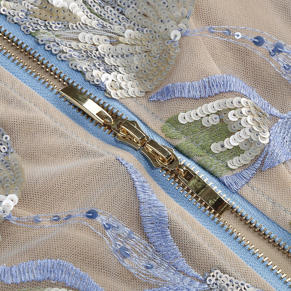 Strapless Sleeveless Colorful Floral Embroidery Mesh Gown D2608