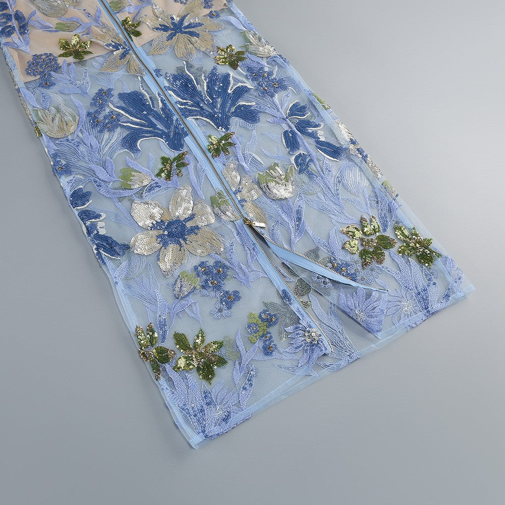 Strapless Sleeveless Colorful Floral Embroidery Mesh Gown D2608