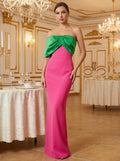 Strapless Sleeveless Contrast Color Block Satin Mermaid Gown D26019