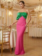 Strapless Sleeveless Contrast Color Block Satin Mermaid Gown D26019