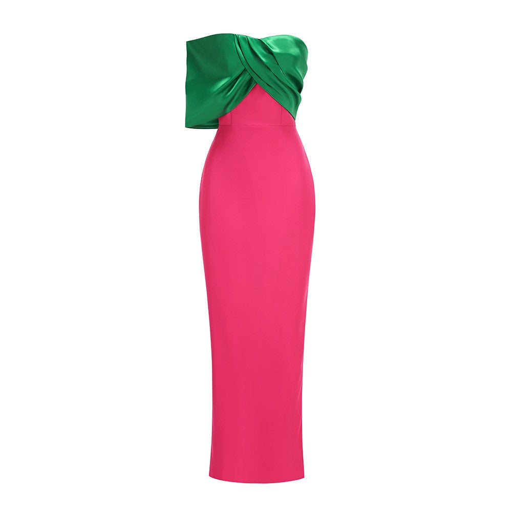 Strapless Sleeveless Contrast Color Block Satin Mermaid Gown D26019