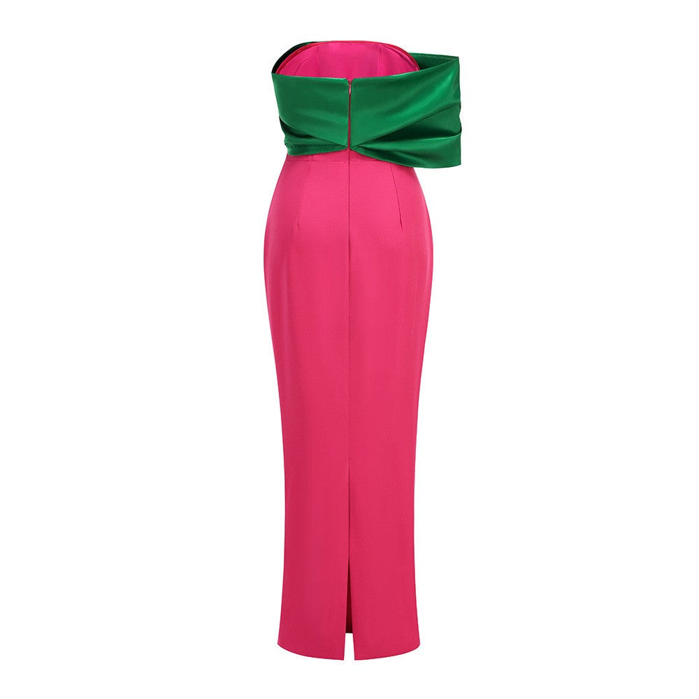 Strapless Sleeveless Contrast Color Block Satin Mermaid Gown D26019