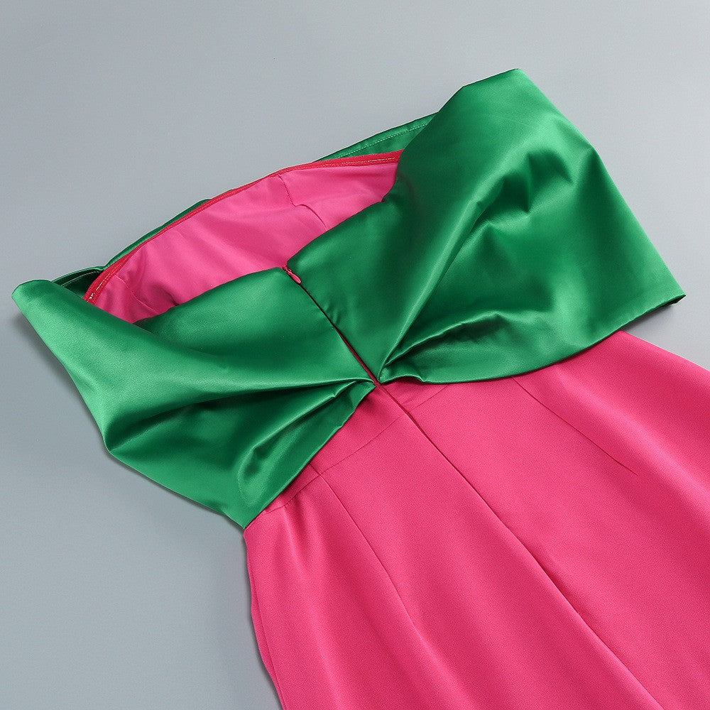 Strapless Sleeveless Contrast Color Block Satin Mermaid Gown D26019