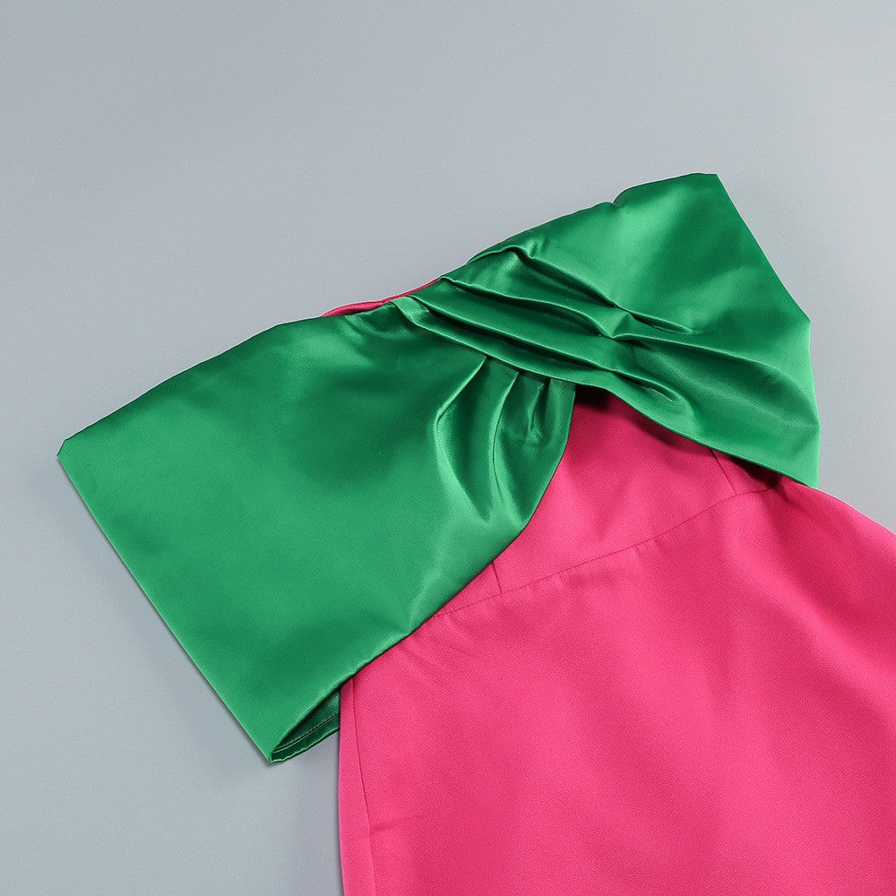 Strapless Sleeveless Contrast Color Block Satin Mermaid Gown D26019