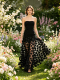 Strapless Sleeveless Polka Dot Mesh Overlay Maxi Dress D2606