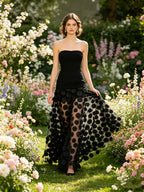 Strapless Sleeveless Polka Dot Mesh Overlay Maxi Dress D2606