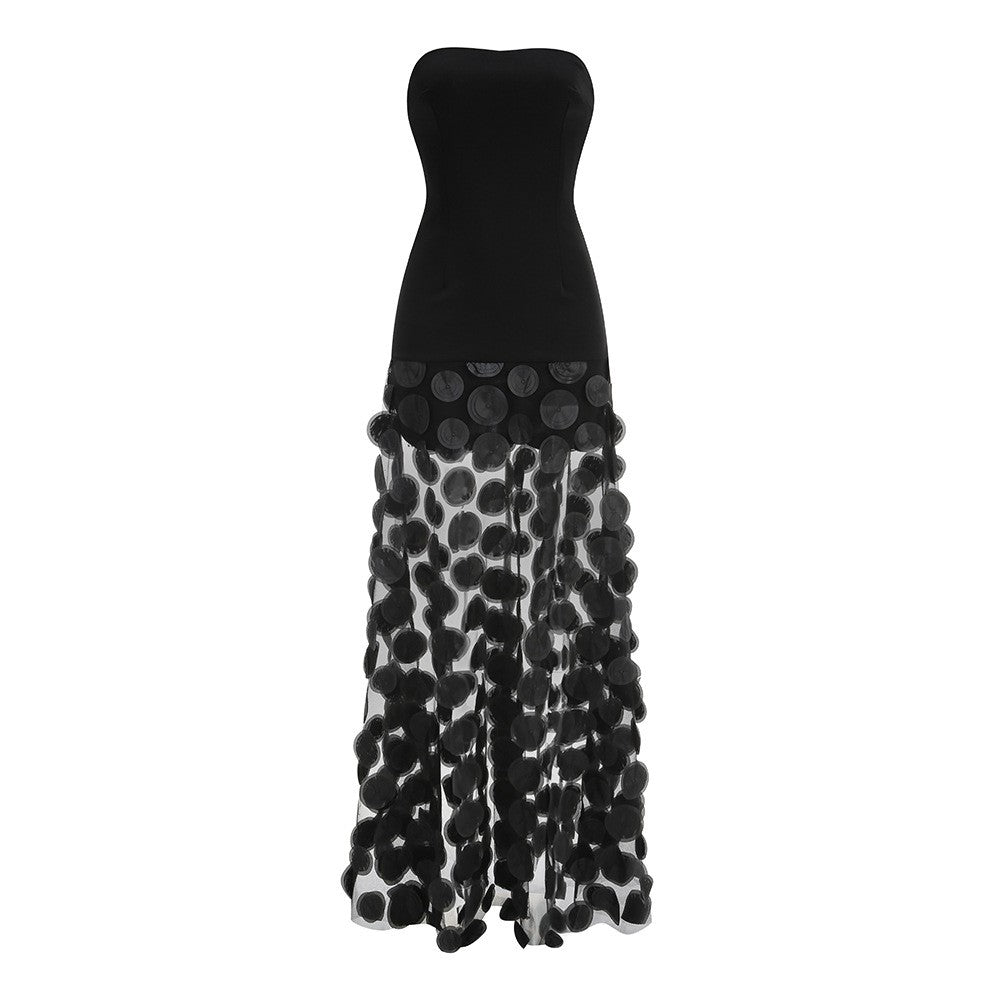 Strapless Sleeveless Polka Dot Mesh Overlay Maxi Dress D2606