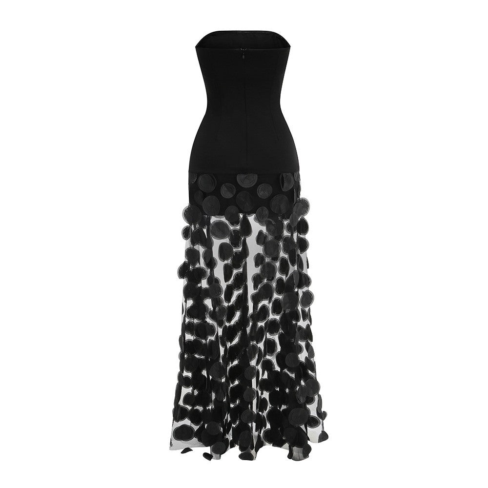 Strapless Sleeveless Polka Dot Mesh Overlay Maxi Dress D2606
