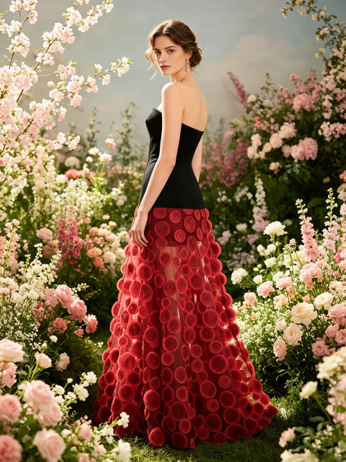 Strapless Sleeveless Red Polka Dot Mesh Patchwork Maxi Gown D26013