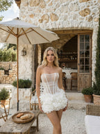 Strapless Sleeveless Sheer Floral Applique Bubble Hem Mini Dress D26020