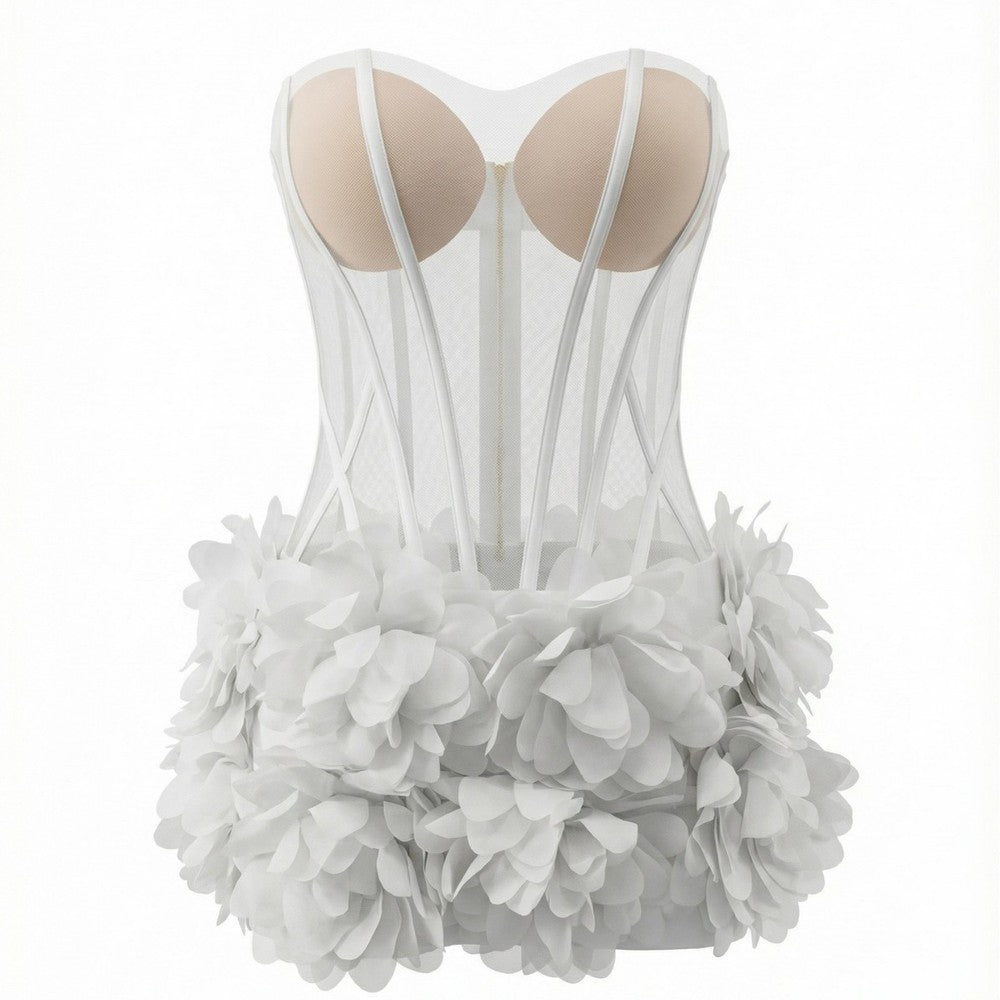 Strapless Sleeveless Sheer Floral Applique Bubble Hem Mini Dress D26020