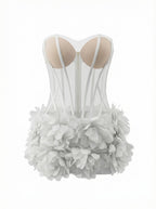 Strapless Sleeveless Sheer Floral Applique Bubble Hem Mini Dress D26020