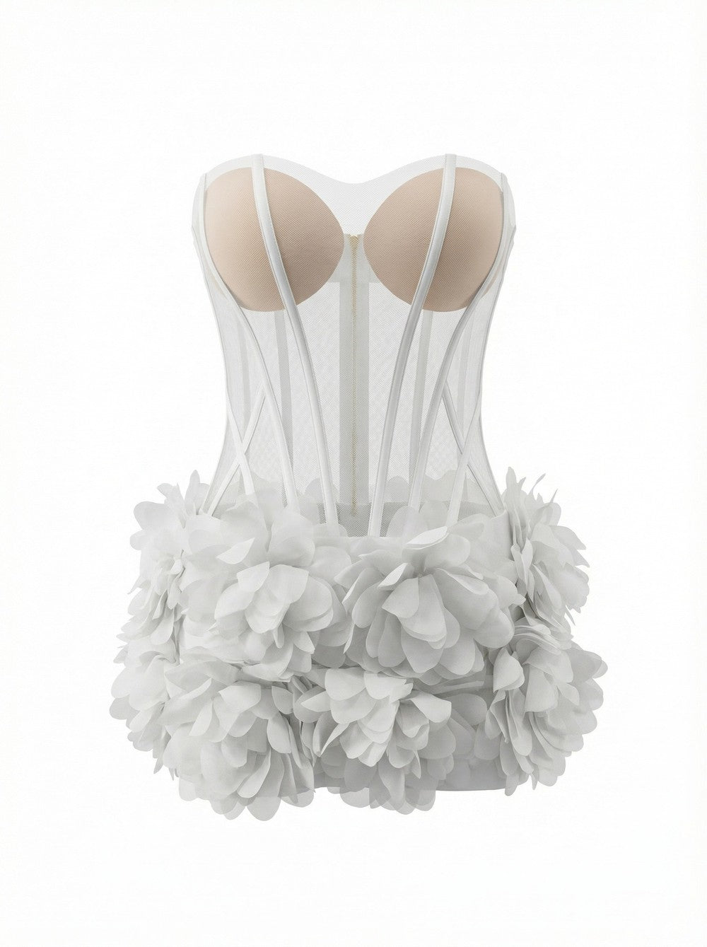 Strapless Sleeveless Sheer Floral Applique Bubble Hem Mini Dress D26020