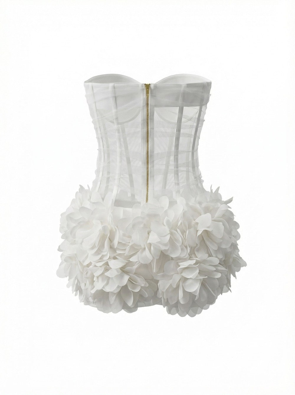 Strapless Sleeveless Sheer Floral Applique Bubble Hem Mini Dress D26020