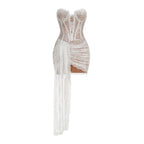 Strapless Sleeveless White Lace Corset Sheer Drape Mini Dress D26017