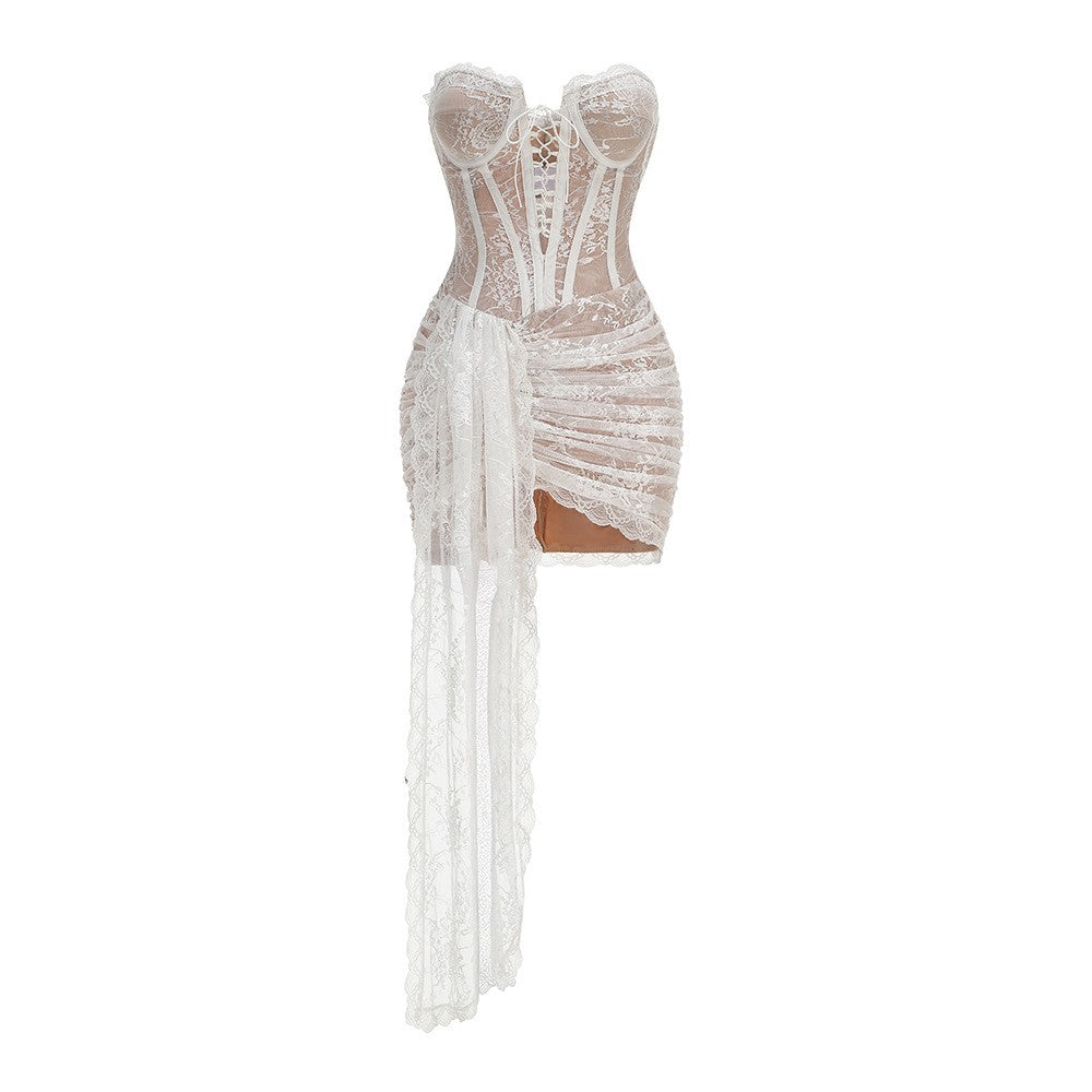 Strapless Sleeveless White Lace Corset Sheer Drape Mini Dress D26017