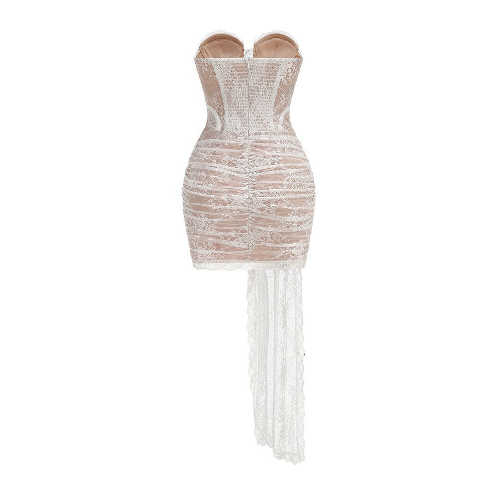 Strapless Sleeveless White Lace Corset Sheer Drape Mini Dress D26017