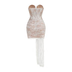 Strapless Sleeveless White Lace Corset Sheer Drape Mini Dress D26017