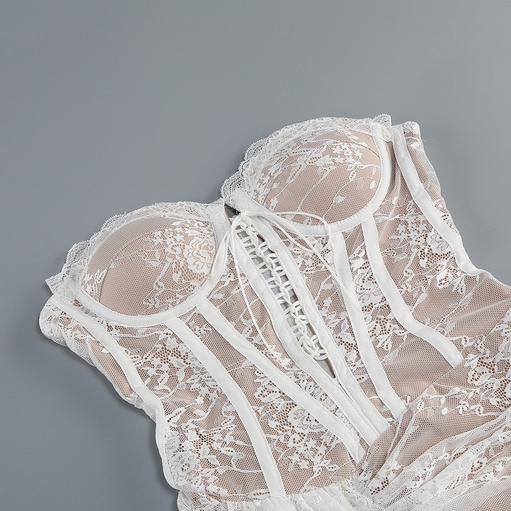 Strapless Sleeveless White Lace Corset Sheer Drape Mini Dress D26017