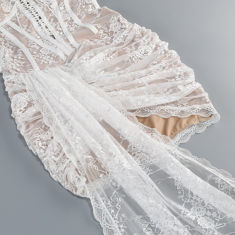 Strapless Sleeveless White Lace Corset Sheer Drape Mini Dress D26017