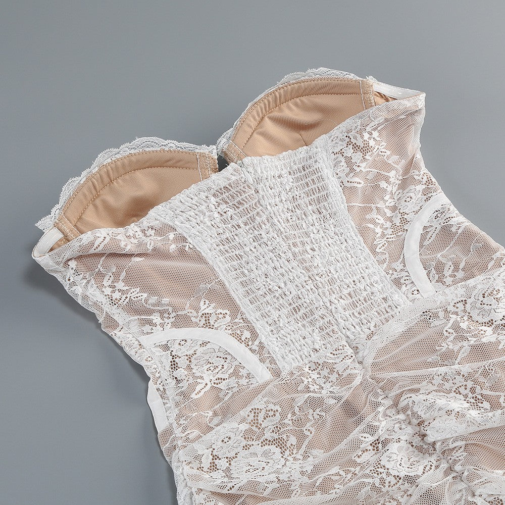 Strapless Sleeveless White Lace Corset Sheer Drape Mini Dress D26017