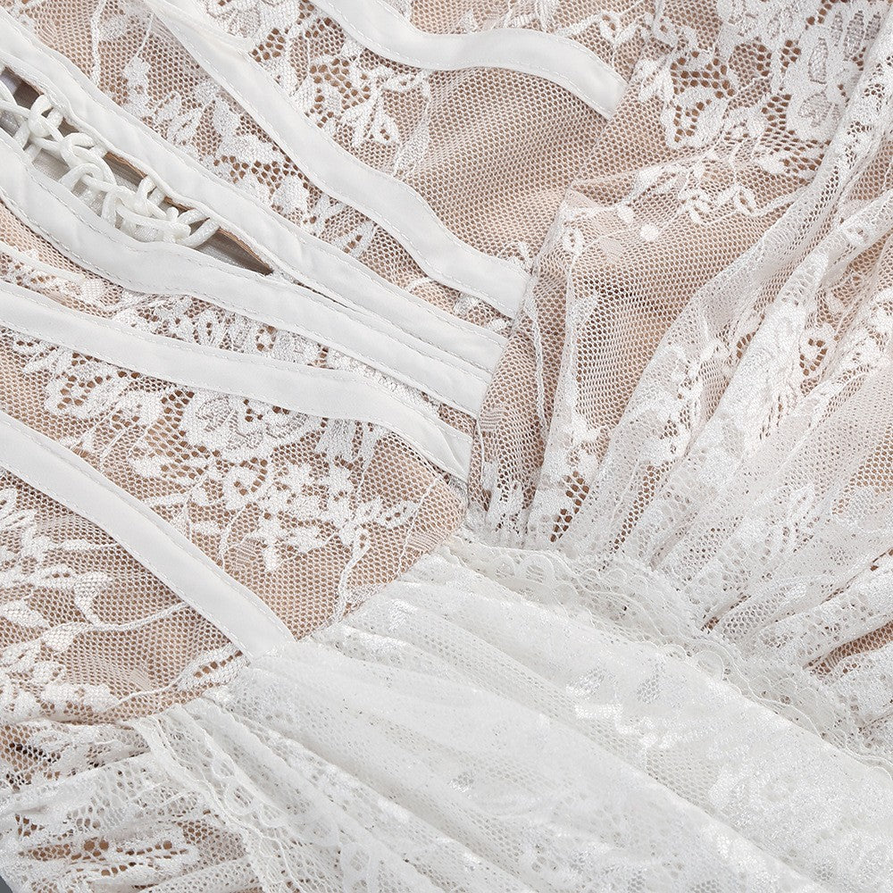 Strapless Sleeveless White Lace Corset Sheer Drape Mini Dress D26017