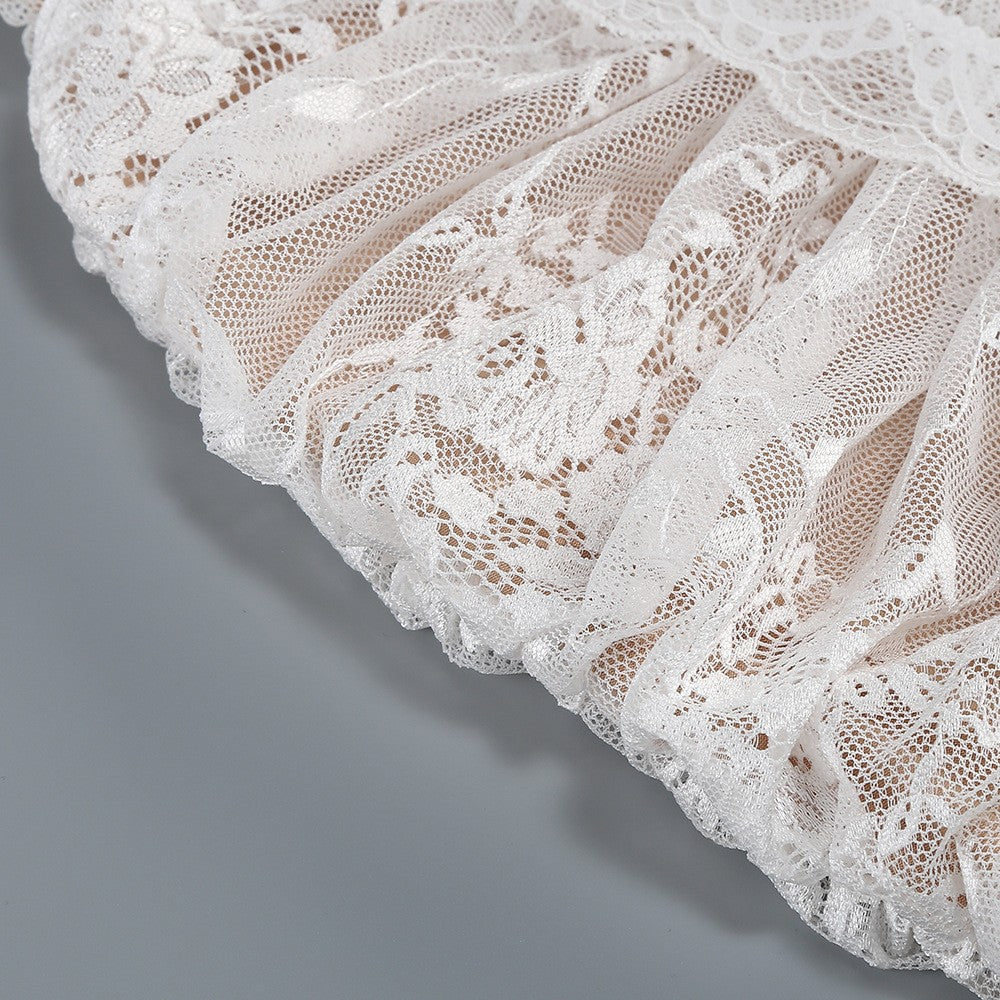 Strapless Sleeveless White Lace Corset Sheer Drape Mini Dress D26017