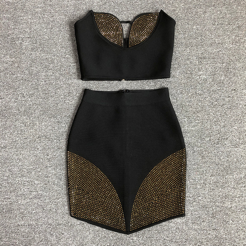 Strapless Stud Detail Crop Top & Skirt Set H6402