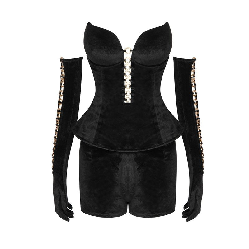 Strapless Velvet Chain Detail Romper H6010