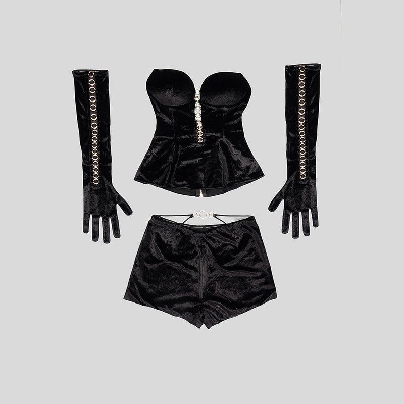 Strapless Velvet Chain Detail Romper H6010