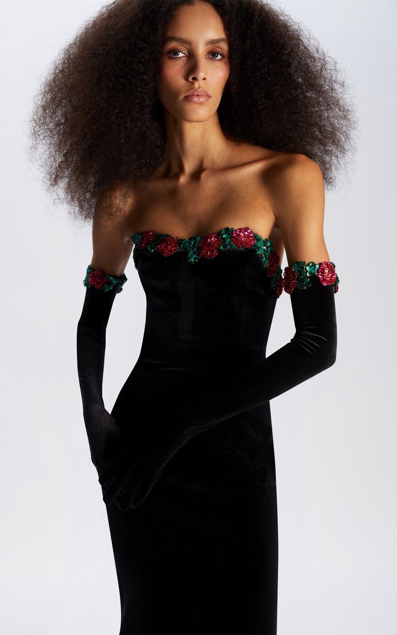 Strapless Velvet Embellished Gown H6177