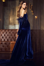 Strapless Velvet Gown with Feather Sleeves H6473