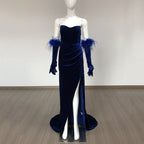 Strapless Velvet Gown with Feather Sleeves H6473