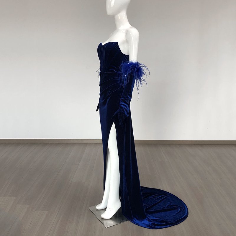 Strapless Velvet Gown with Feather Sleeves H6473