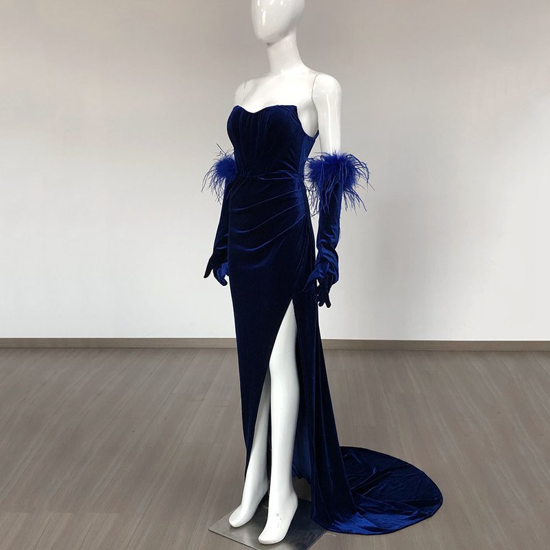 Strapless Velvet Gown with Feather Sleeves H6473
