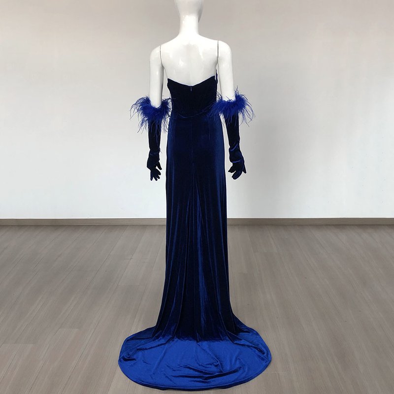Strapless Velvet Gown with Feather Sleeves H6473