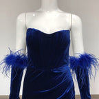 Strapless Velvet Gown with Feather Sleeves H6473