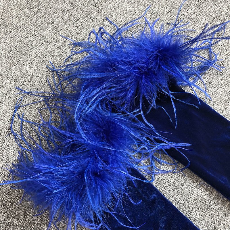 Strapless Velvet Gown with Feather Sleeves H6473