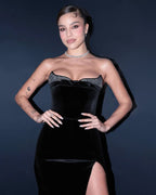 Strapless Velvet Gown with Satin Train H6210